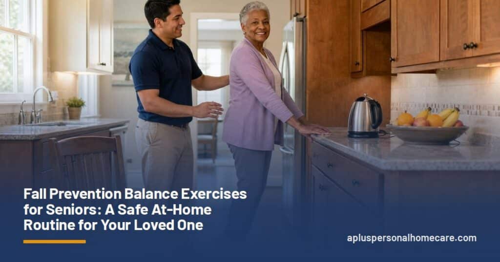 Older woman in a lilac cardigan rising onto her toes at a kitchen counter while a caregiver in a navy polo stands beside her