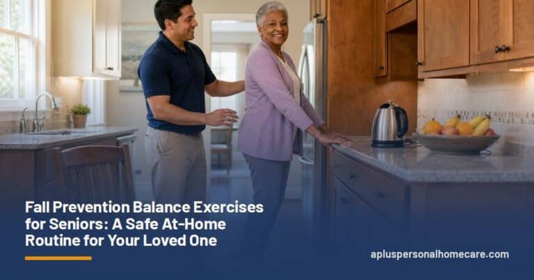 Older woman in a lilac cardigan rising onto her toes at a kitchen counter while a caregiver in a navy polo stands beside her